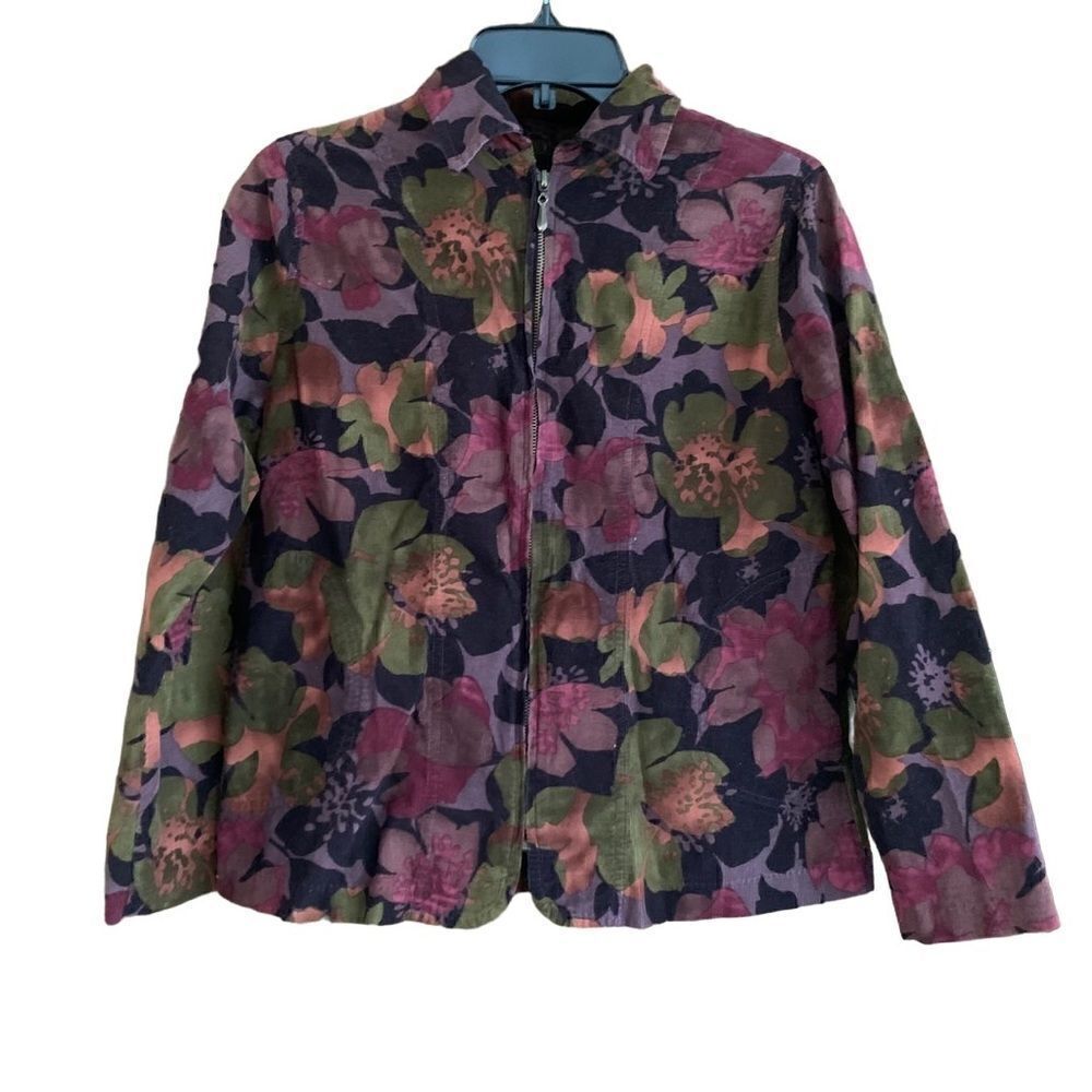Sarah Bentley Multicolored Floral Corduroy Zip Front Jacket Size Small